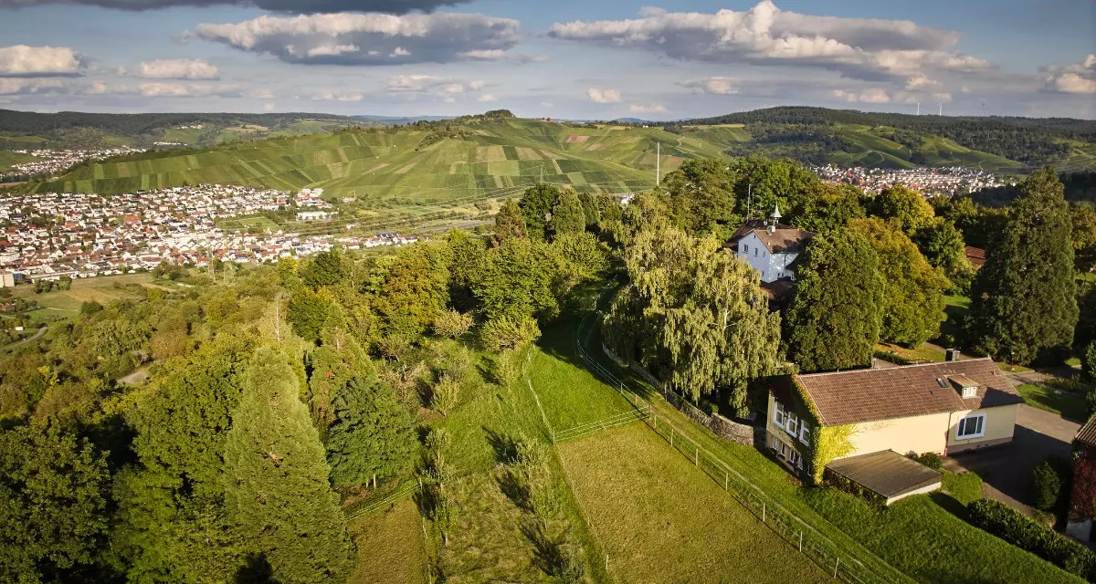 Luftaufnahme vom Landgut Burg mit dem Tagungsort, dem gelben Birkenhaus (unten rechts). Quelle: LpB BW | Foto: Gottfried Stoppel