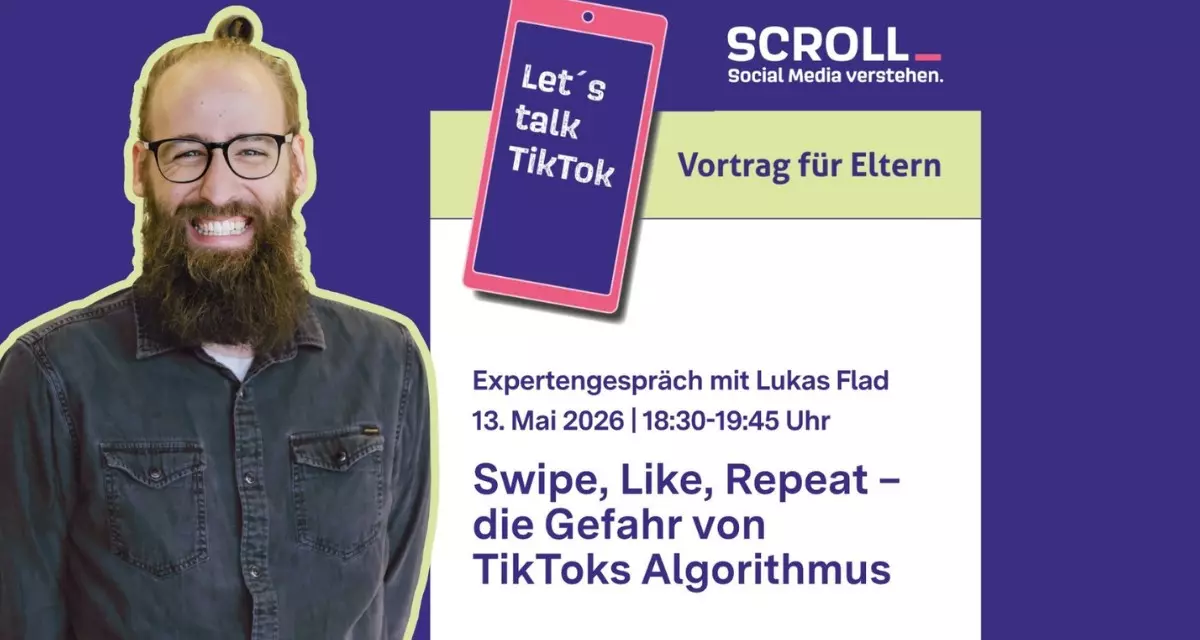 zur Anmeldung über Eveeno. Foto: Lukas Flad / Grafik: LpB. Expertenvortrag für Eltern: Lukas Flad zu Algorithmen. Foto: Lukas Flad. Grafik: LpB.