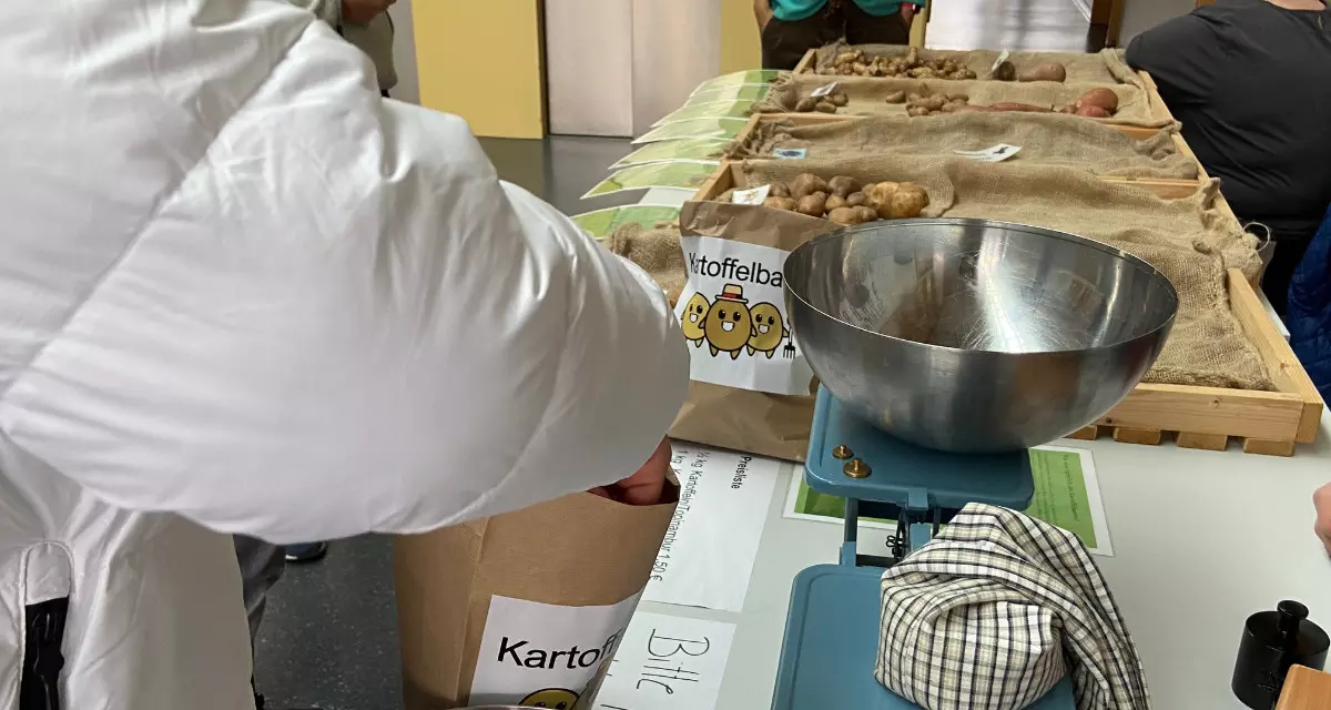 Viktoria und Lukas: „Uns begeistert die Vielseitigkeit des FÖJ, die diversen Tätigkeiten und all die verschiedenen Menschen, mit denen wir tolle Aktionen durchführen. Hier haben wir zum Beispiel Schulkinder dabei unterstützt, ihre selbst angebauten und geernteten Kartoffeln im Rathaus zu verkaufen.“