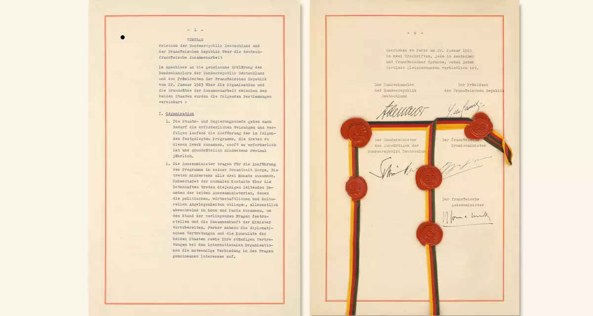 Der Elysée-Vertrag: Faksimile der Urschrift in deutscher Sprachfassung. © Auswärtiges Amt, Politisches Archiv (https://archiv.diplo.de/arc-de/das-politische-archiv/das-besondere-dokument/-/1496840)