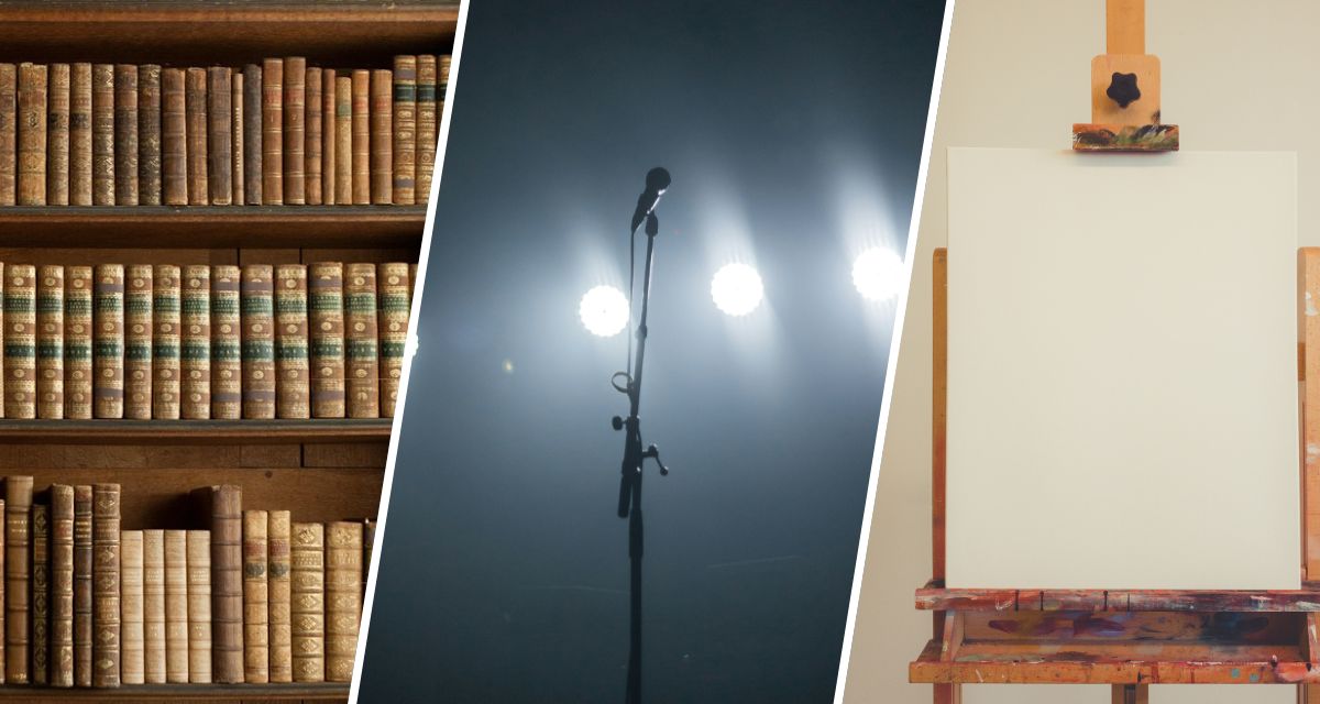 Collage aus drei Bildern. Links ein Regal mit alten Büchern, in der Mitte ein Mikro auf einer Bühne, rechts eine leere Leinwand auf einer Staffelei.