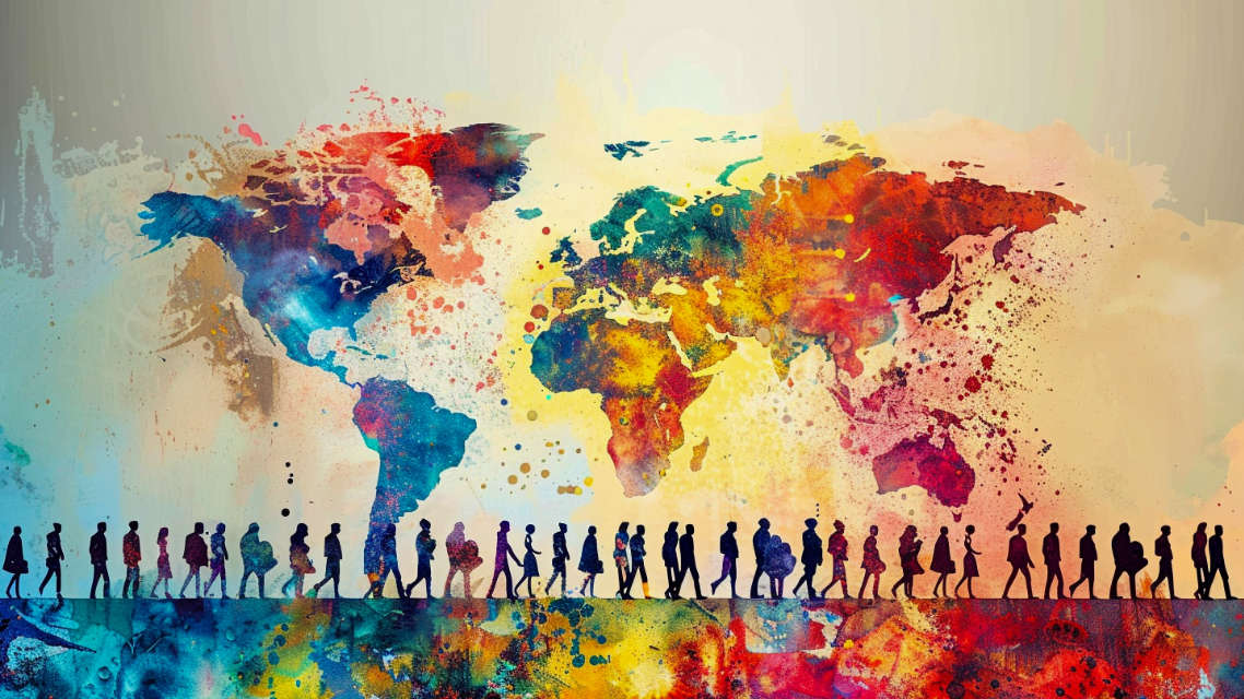 Foto: Adobe Stock | weerasak, KI-generiert Eine bunte Illustration einer Weltkarte. Am unteren Bildrand eine Reihe von Menschen, die von links nach rechts gehen.