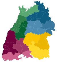 Regionalverbände von Baden-Württemberg unterschiedlich farblich eingefärbt.