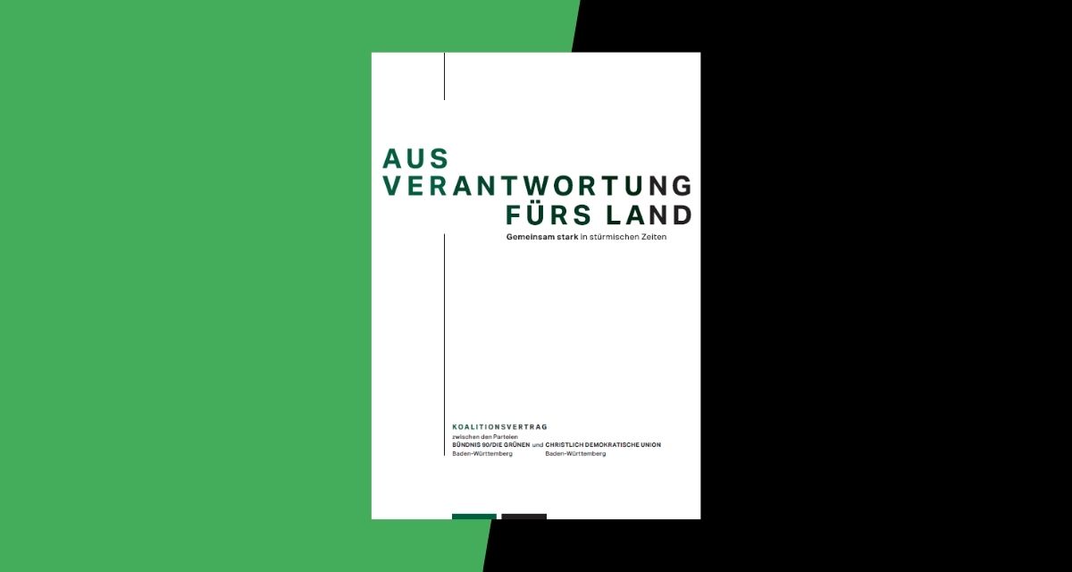 Grafik: LpB BW Screenshot des Koalitionsvertrags-Deckblatts vor einem grünen und einem schwarzen Farbfeld.