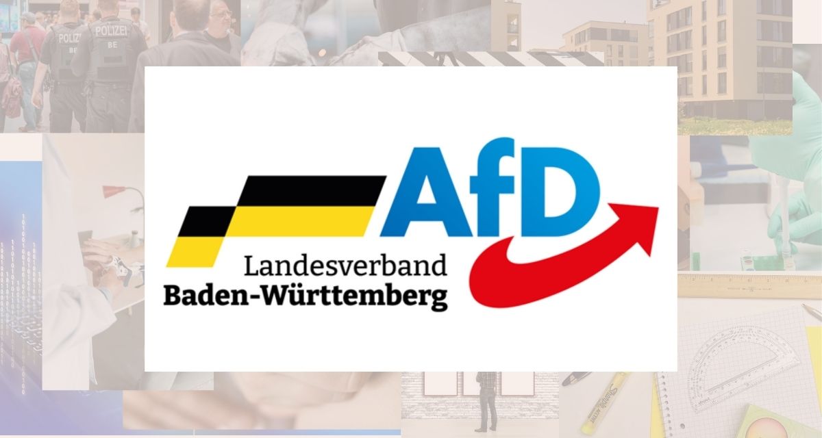 Logo der AfD Baden-Württemberg, im Hintergrund eine Collage von Fotos zu verschiedenen Themen.