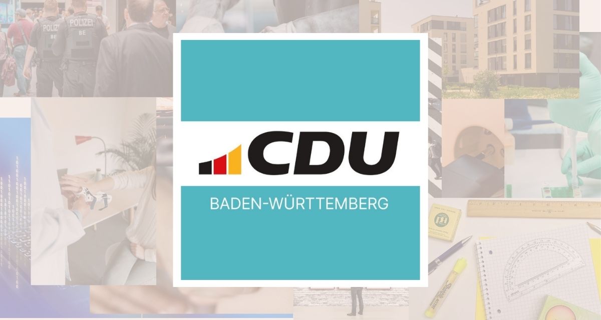 Logo der CDU Baden-Württemberg, im Hintergrund eine Collage von Fotos zu verschiedenen Themen.