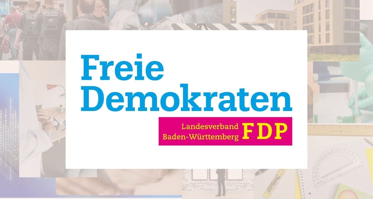 Logo der FDP Baden-Württemberg, im Hintergrund eine Collage von Fotos zu verschiedenen Themen.