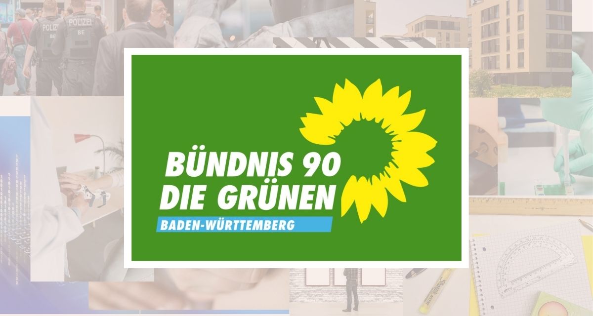 Logo der Grünen Baden-Württemberg, im Hintergrund eine Collage von Fotos zu verschiedenen Themen.