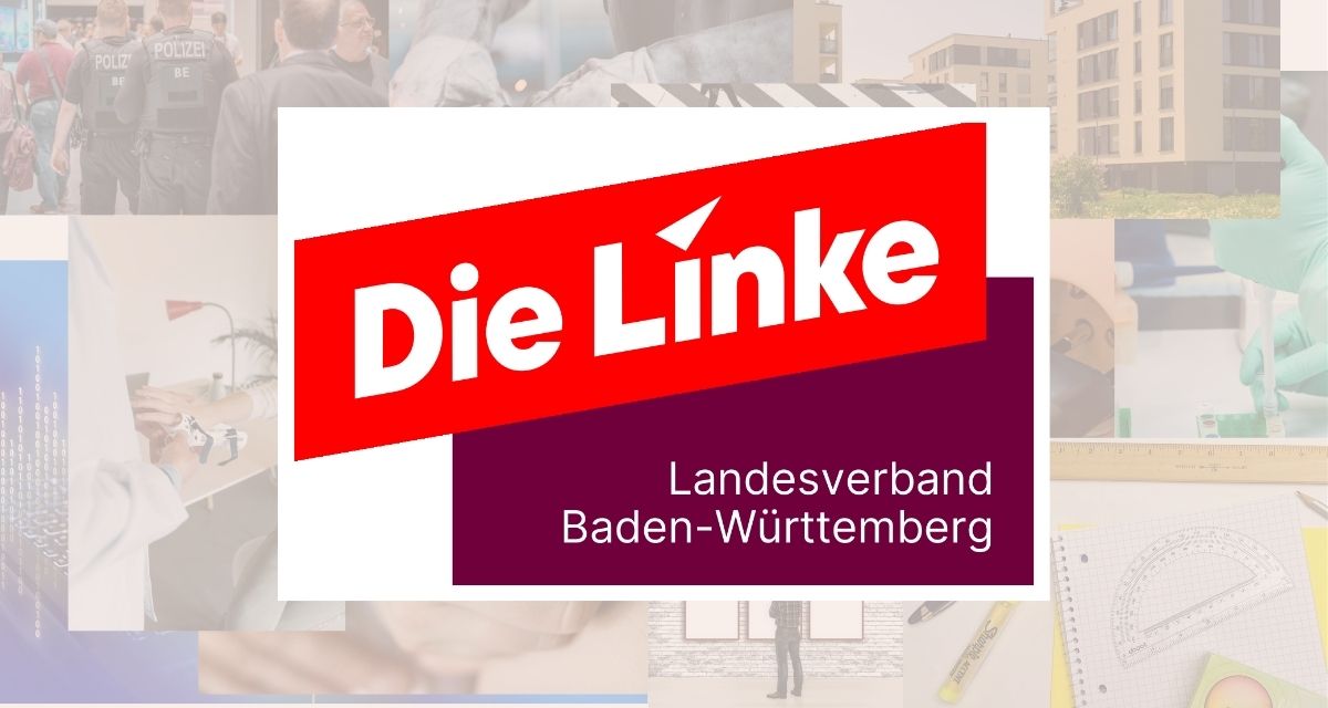 Logo der Linken Baden-Württemberg, im Hintergrund eine Collage von Fotos zu verschiedenen Themen.