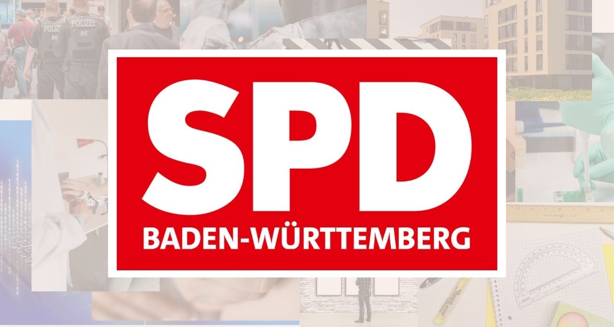 Logo der SPD Baden-Württemberg, im Hintergrund eine Collage von Fotos zu verschiedenen Themen.