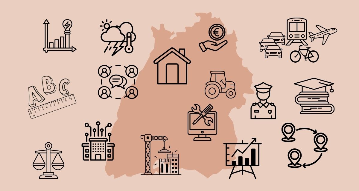 Umriss der Landkarte von Baden-Württemberg, darum Symbole für politische Themenfelder. 