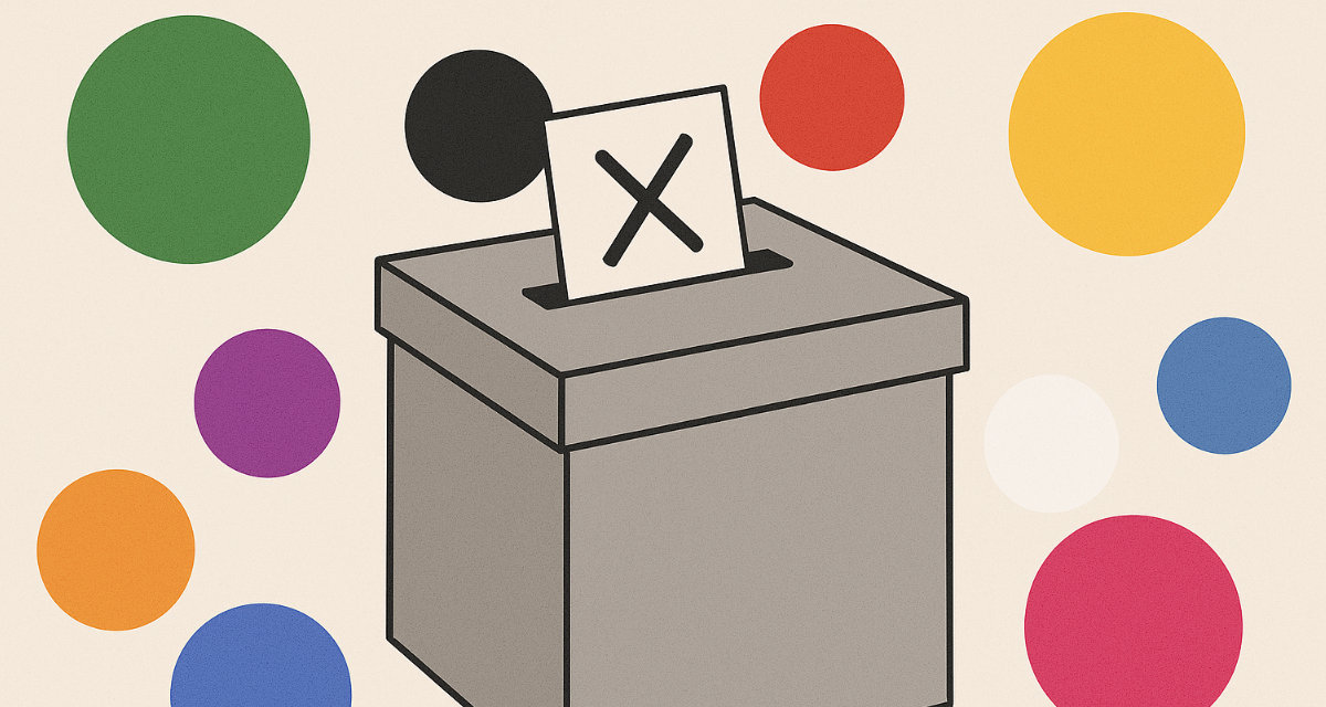 Bunte Kreise um eine Wahlurne, in der ein Zettel mit Kreuz steckt.
