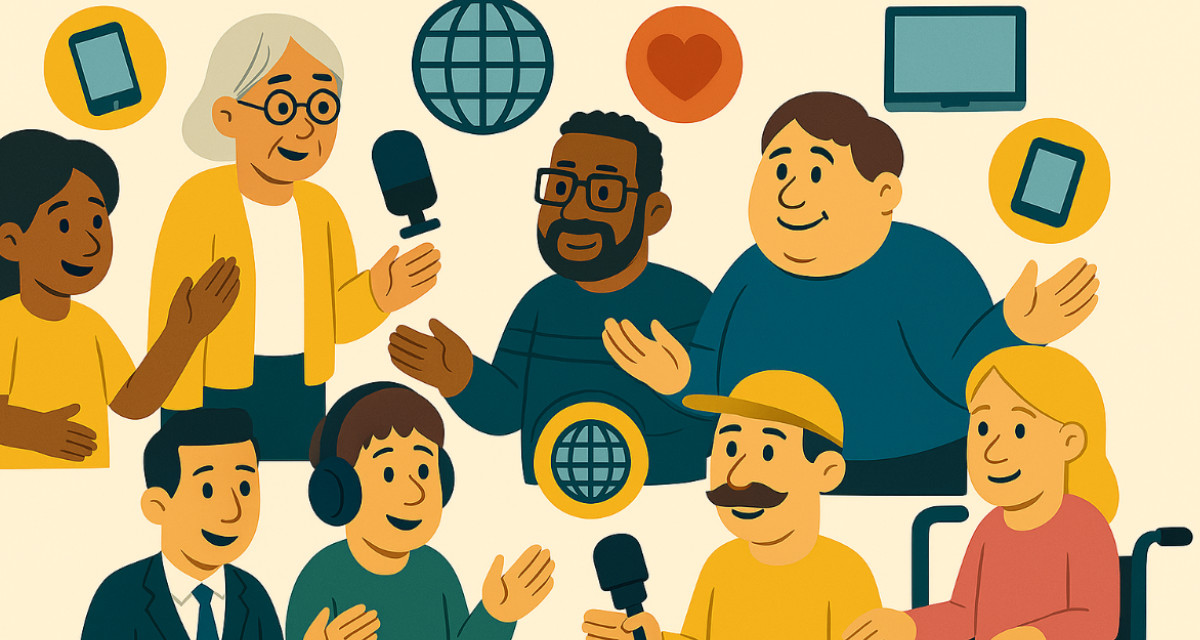 Verschiedene Menschen im Gespräch über digitale Medien und Teilhabe – mit Symbolen für Internet, Technik und Kommunikation. Illustration: KI-generiert mit ChatGPT.