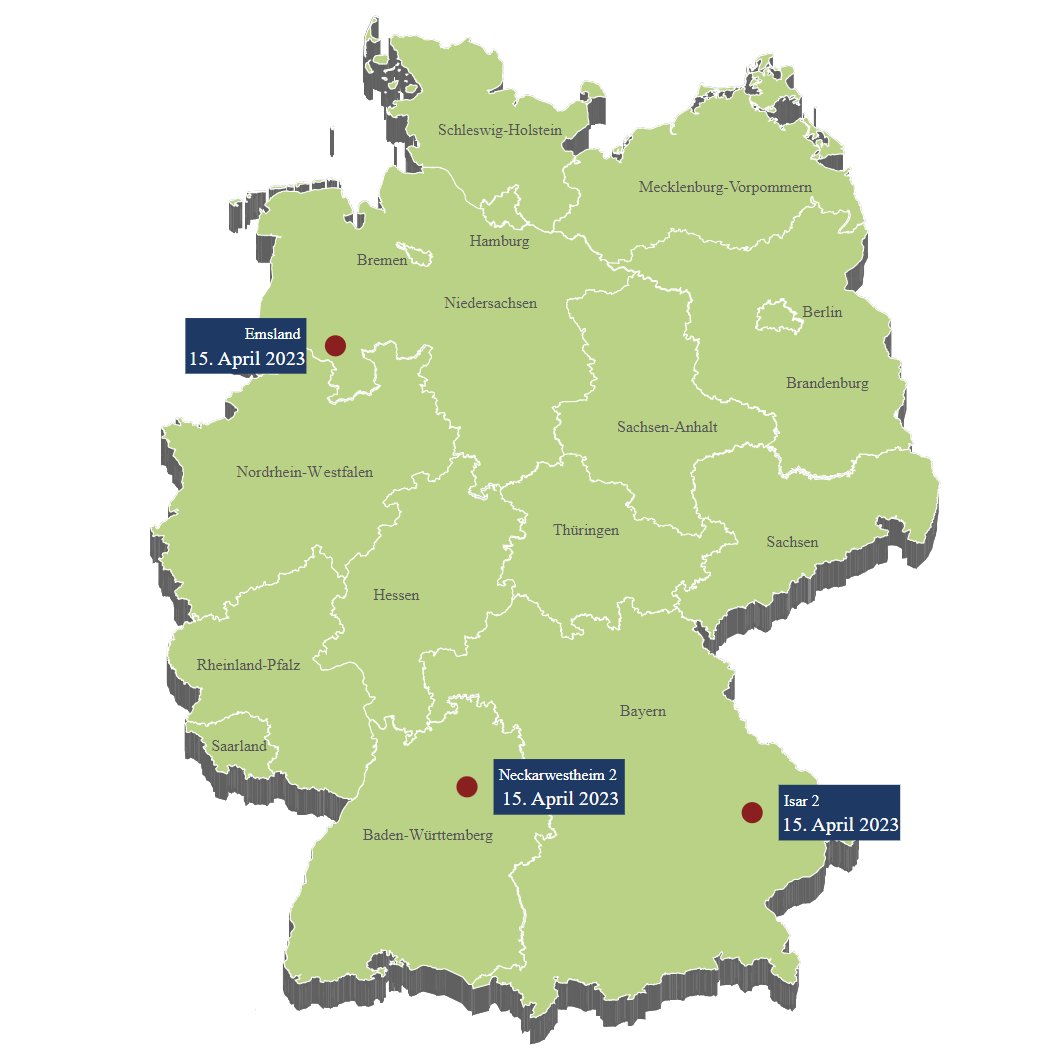 Kernkraftwerke in Deutschland: Abschaltung der noch betriebenen Reaktoren gemäß Atomgesetz (AtG). Stand: Februar 2022. Quelle: Mediathek BMU. 