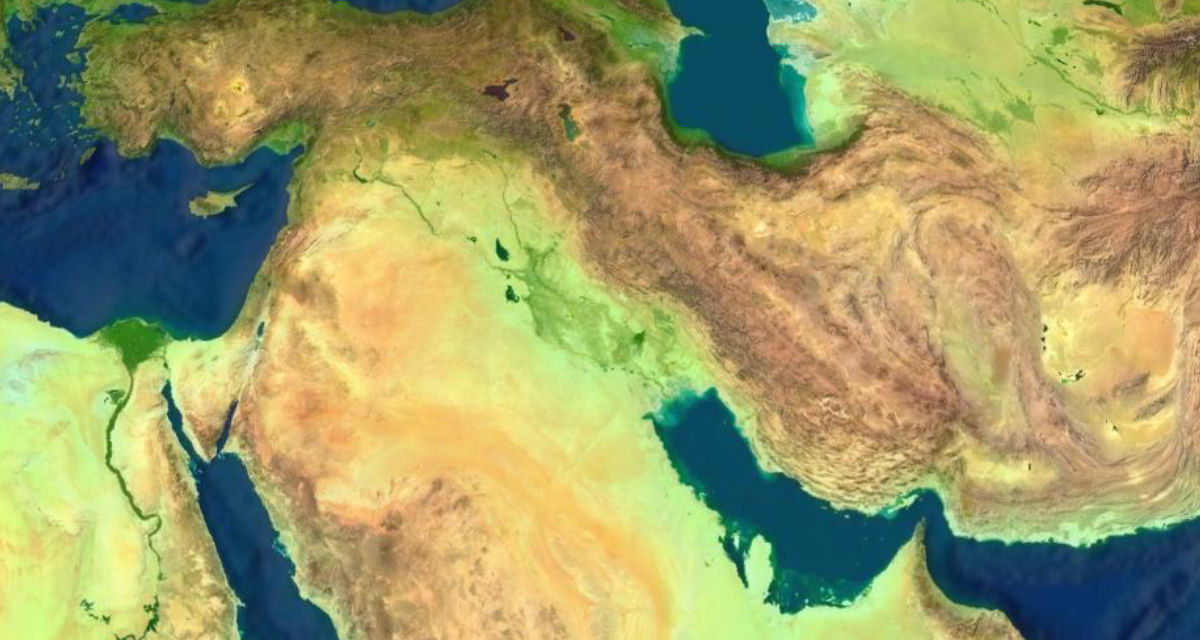 Der sogenannte Nahostkonflikt betrifft inzwischen einen großen Teil Westasiens. In der linken Bildhälfte sind unter anderem Israel, die palästinensischen Gebiete, der Libanon, Jordanien, Ägypten, Zypern und die Türkei zu sehen, in der rechten etwa de Geografische Landkarte Westasiens.
