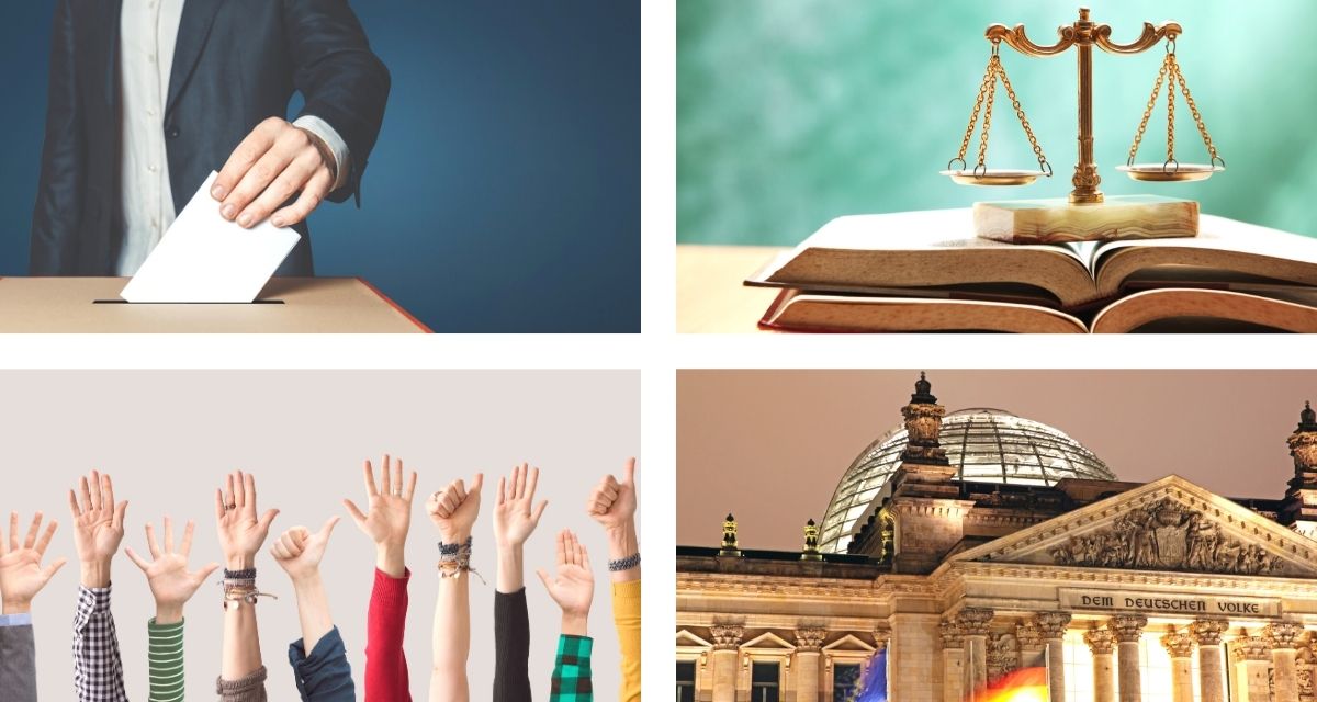 Vier symbolische Bilder für Demokratie: Wahlen, Justiz, Abstimmung, Reichstagsgebäude. Fotos und Grafik: Canva