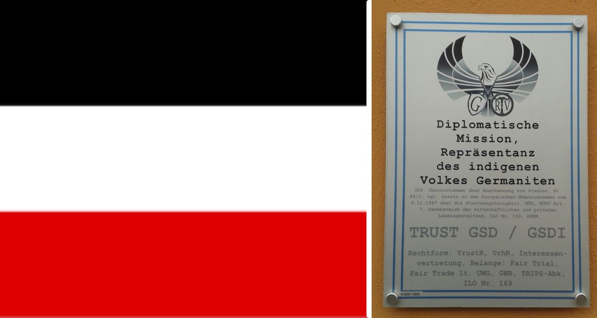 Collage aus schwarz-weiß-roter Flagge und Schild mit Aufschrift "Diplomatische Mission Repräsentanz des indigenen Volkes Germaniten"