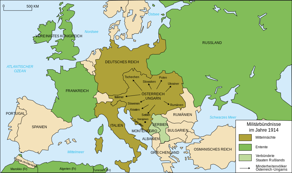 Karte der Militärbündnisse in Europa 1914. Quelle: wikimedia / Danbornekde & historicair , CC BY-SA 2.5
