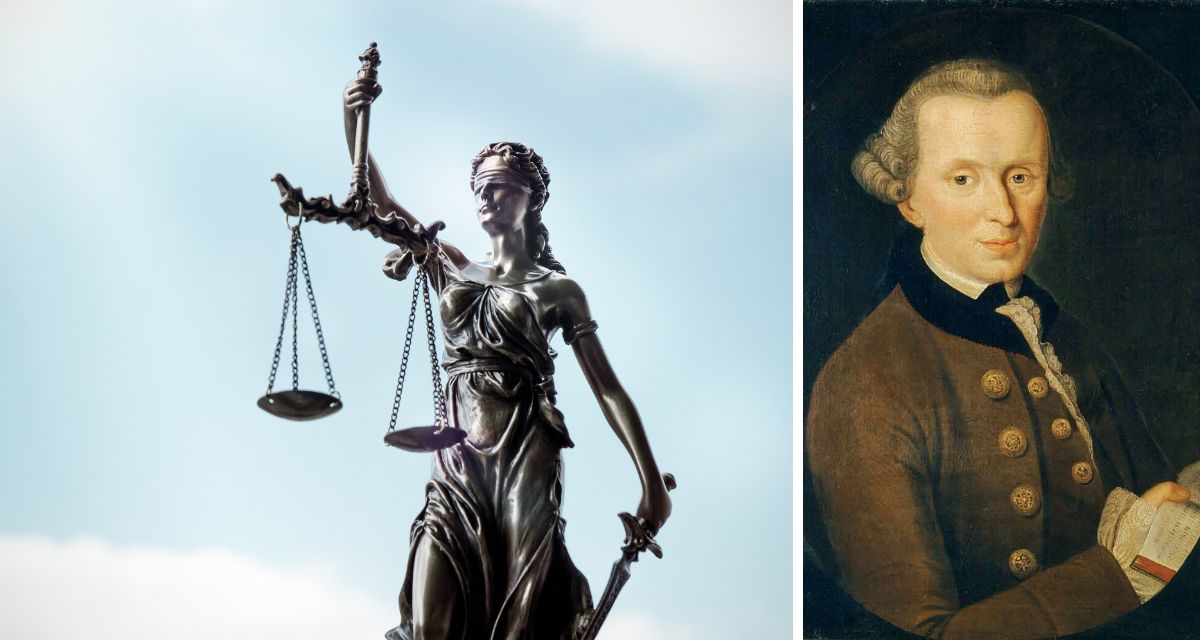 Ethik und Werte. Rechts der Philosoph Immanuel Kant. Grafik via Canva.
