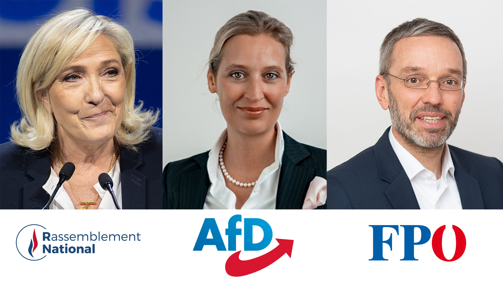 v.l.n.r.: Marine Le Pen, RN | Alice Weidel, AfD | Herbert Kickl, FPÖ / Quelle: v.l.n.r.: Vox España, CC0, via Wikimedia Commons | AfD Pressefoto | ©Parlamentsdirektion, Photo: SIMONIS v.l.n.r.: Marine Le Pen, RN | Alice Weidel, AfD | Herbert Kickl, FPÖ