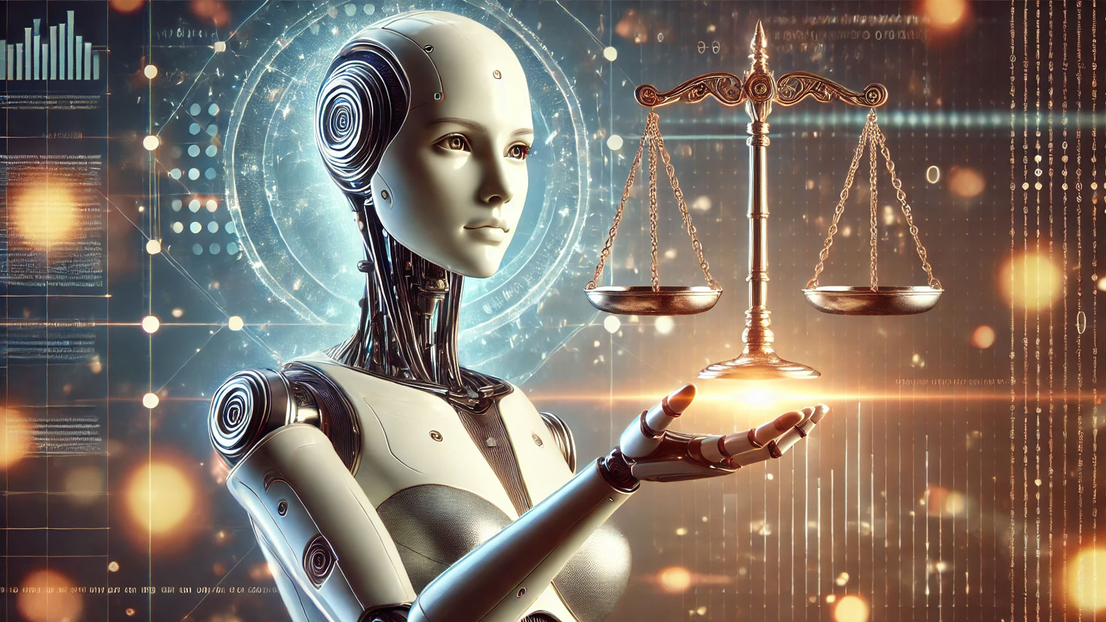 KI Roboterfrau Gerechtigkeitswaage. Grafik: LpB, KI generiert (ChatGPT)