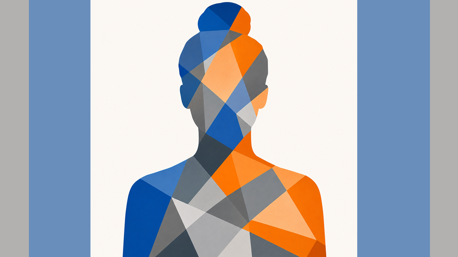 Symbolbild: Personensilhouette, aus viele polygonale Flächen in Blau, Grau und Orange.