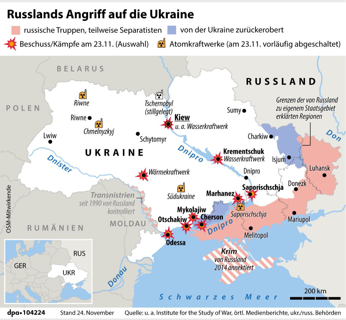 Karte: Russlands Angriff auf die Ukraine, Stand 24. November 2022 | picture-alliance/dpa | dpa-infografik GmbH 