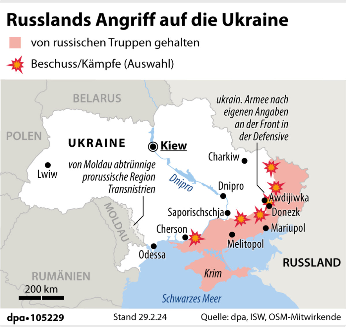Karte: Russlands Angriff auf die Ukraine, Stand: 29. Februar 2024 | picture-alliance | dpa-infografik GmbH 